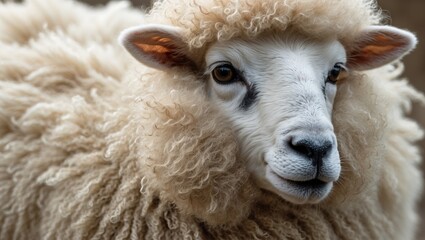 Naklejka premium Fluffy Sheep Close-Up: Calm and Curious