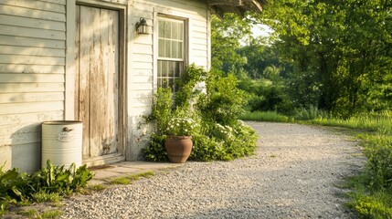 Rustic Farmhouse Entry Door with Vintage Milk Can Planter and Gravel Path - Cinematic Ultra-Detailed Image