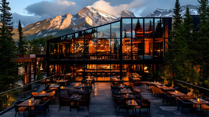 Modern mountain restaurant with patio at sunset.
