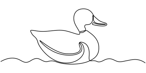 continuous line vector illustration design of one swimming duck, One continuous single line of wood duck swimming in river. Famous bird line art isolated on white background, Duck in one continuous. 