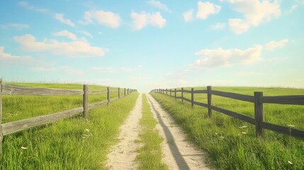 Obraz premium Rustic Wooden Fence Dividing Vast Pastures under Clear Blue Sky - Cinematic Rural Scene