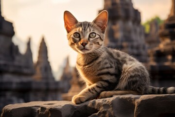Obraz premium Portrait of a cute javanese cat over backdrop of ancient ruins