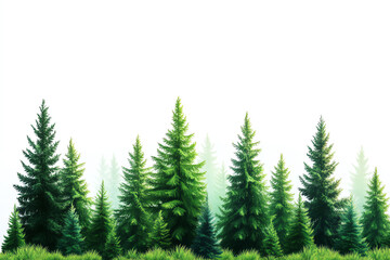 Obraz premium A lush row of evergreen trees showcasing beautiful green hues against a white isolated background.