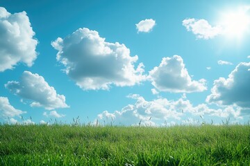 Obraz premium Tranquil Green Field Under Clear Sky with Fluffy Clouds on a Sunny Day