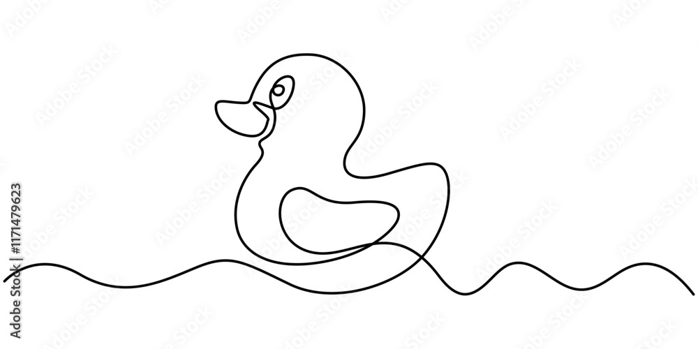 Poster continuous line vector illustration design of one swimming duck, One continuous single line of wood duck swimming in river. Famous bird line art isolated on white background, Duck in one continuous. 
