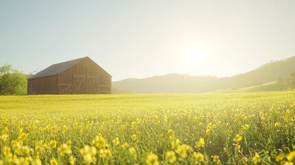 Serene Countryside Walk Among Vibrant Mustard Flowers with Rustic Hay Barn in Cinematic Midday Glare - Ultra-Detailed Landscape Image