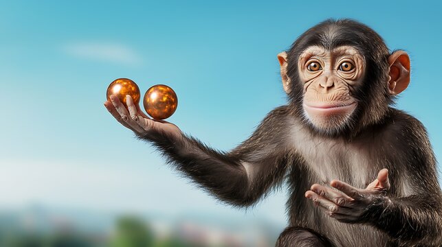 Lively and playful monkey effortlessly juggling glowing mystical orbs in a dynamic surreal and fantasy like Chinese inspired digital artwork