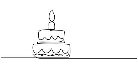 Continuous Line Drawing of Happy Birthday Icon. Hand Drawn Symbol Vector Illustration, Cake  single line art, continuous one line drawing of  Isolated outline vector icon, One line continuous birthday