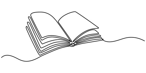 One line drawing of opened book isolated on white background, Continuous one line drawing of opened book. Book outline vector illustration. Editable stroke,  Education, idea, school concept single. 