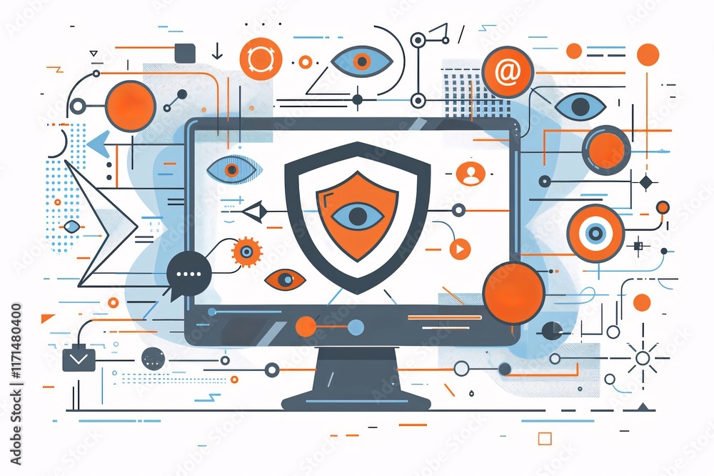 Poster cybersecurity concept with a shield and eye icons on a computer screen, surrounded by various digita