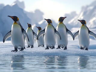 Obraz premium A group of penguins waddling across an ice surface