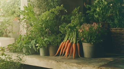 Obraz premium Farm Fresh Bounty: Vibrant Vegetables and Wildflowers on Rustic Table