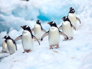 Fototapeta premium A group of penguins waddling across an ice surface