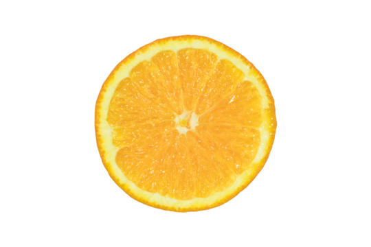 Orange slice isolated on a white background. Fresh citrus fruit half. Ideal for food designs, health concepts, refreshing summer themed, Fruit design elements, Cut out, PNG