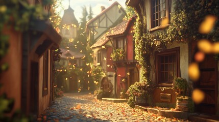 Charming Autumn Village Scene with Falling Leaves and Sunlit Cobbled Street