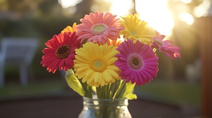 Fototapeta premium Colorful gerbera daisies in a glass jar, backlit by sunset.