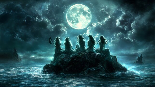 A group of sirens sitting on a rock in the sea singing