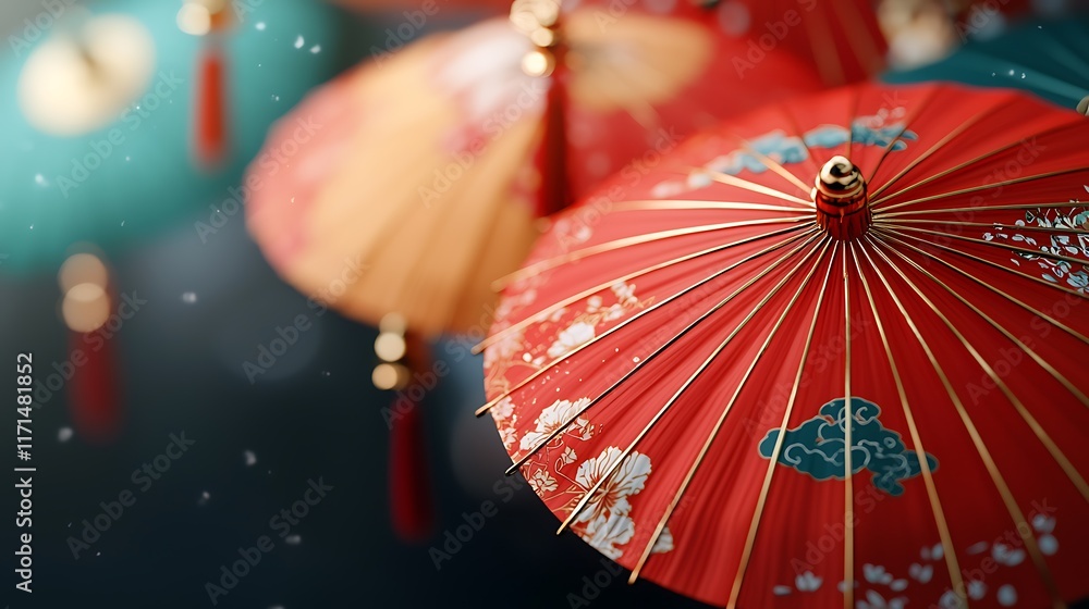 Poster overlapping ornate red and gold parasols creating a vibrant festive backdrop with intricate patterns