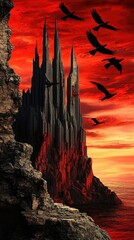 Gothic Castle Silhouette Against Dramatic Red Sunset with Flying Ravens