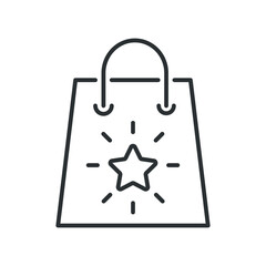 shopping bag with star. Bonus, offer, gift, award. Linear vector icon