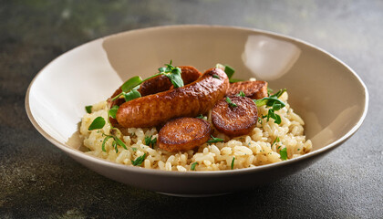 Savory rice with grilled sausage and herbs in ceramic bowl. Tasty dish. Delicious food.