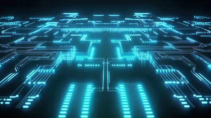 Futuristic glowing blue circuit board technology background.