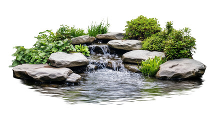 A tranquil forest river with rippling water and small rocks isolated on transparent background