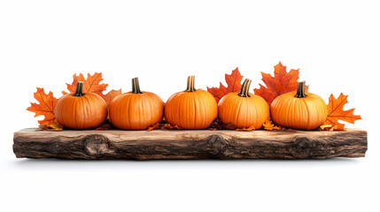 Obraz premium Pumpkins and autumn leaves on a rustic wooden display, white isolated background. Runewood. Illustration