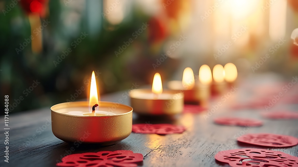 Aufkleber rows of glowing golden candles casting a warm soft light on a red paper surface creating a serene an