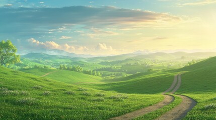 Fototapeta premium Serene Morning on Farmland: Tractor Tracks on Gentle Hills in Cinematic Light