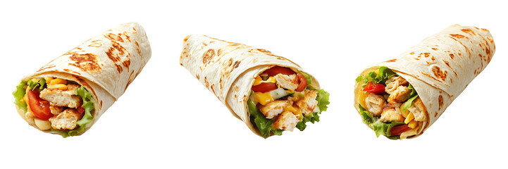 Set of A close-up of a tortilla wrap filled with crispy fried chicken on transparent png background