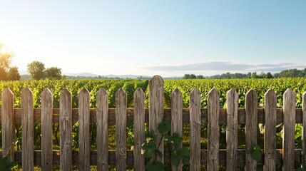 Obraz premium Rural Tranquility: Wooden Picket Fence with Lush Vines Overlooking Bountiful Farmland in Cinematic Detail
