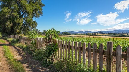 Obraz premium Serene Farmland: Wooden Picket Fence Covered in Climbing Vines Overlooking Lush Crop Fields Cinematic Scene