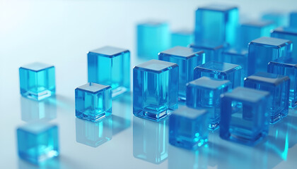 Obraz premium Transparent blue acrylic cubes scattered on a reflective surface with soft lighting