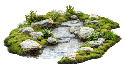 A tranquil forest river with water and rocks isolated on transparent background