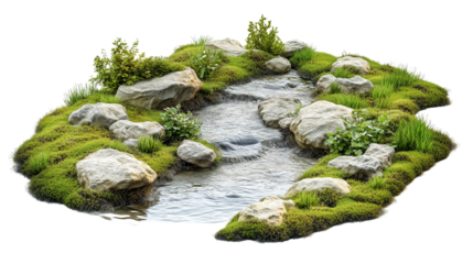 A tranquil forest river with water and rocks isolated on transparent background