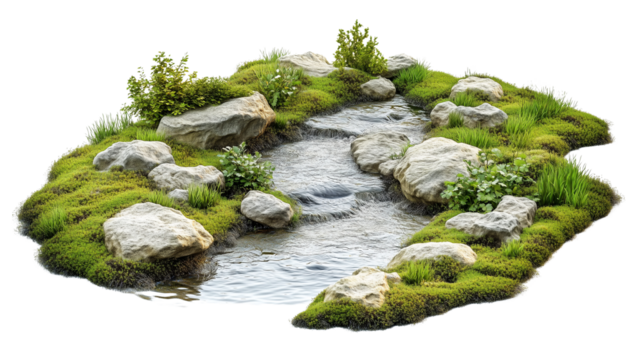 A tranquil forest river with water and rocks isolated on transparent background