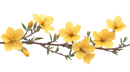 Branch with vibrant yellow flowers isolated on white background.