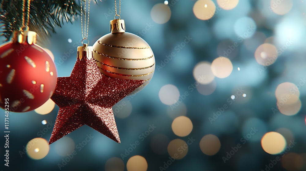 Aufkleber sparkling golden and red hanging ornaments with intricate patterns and glowing bokeh lights in a fes