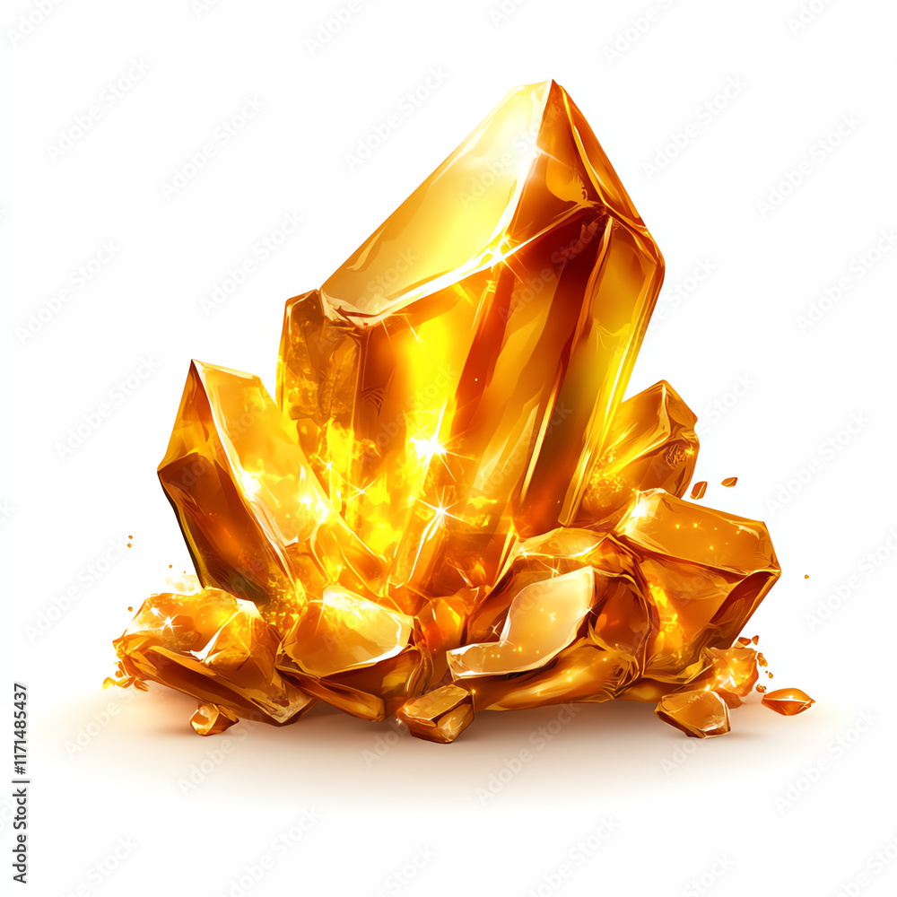 Poster shiny golden crystal cluster with sharp edges, isolated on white background, showcasing unique facet
