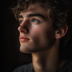 Fototapeta premium A striking portrait of a young man lost in thought, showcasing his intense gaze and soft features.