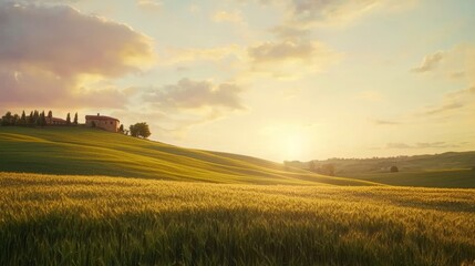 Obraz premium Tranquil Evening in the Golden Barley Fields - Cinematic Rural Landscape with Small Farmhouse on Horizon