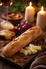 Baguette with cheese platter and candlelight