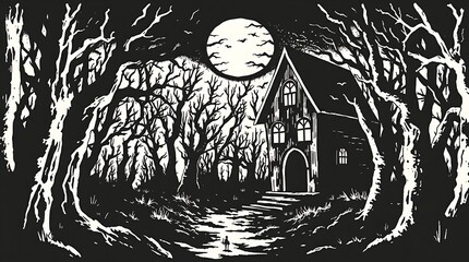A woodcut style illustration using only black and white, portraying an eerie, creepy scene in a flat pattern format. Dark tones dominate the illustration with unsettling small details