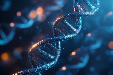 A visually striking abstract representation of a DNA strand with luminous particles and vibrant colors.