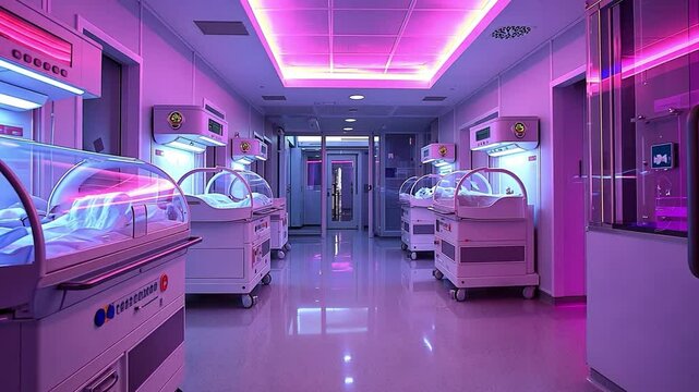 This room of incubators with embryos, illuminated in purple light, exuding a high-tech vibe.