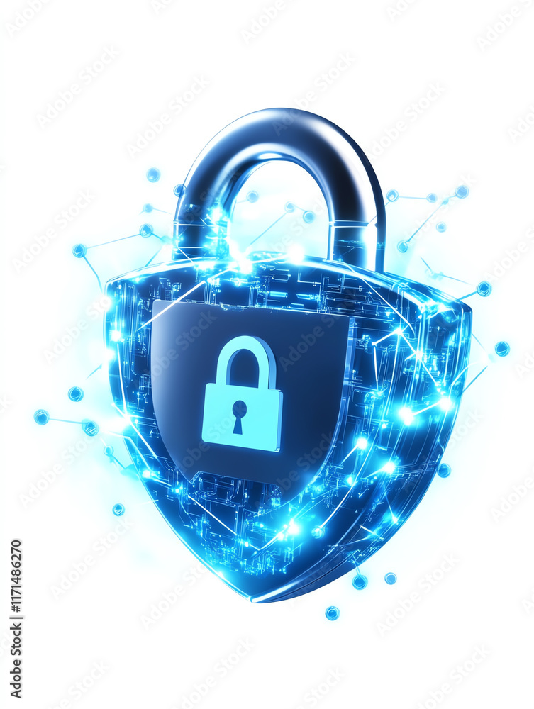 Poster digital padlock symbolizing cybersecurity and data protection in a futuristic design.