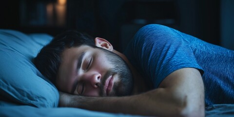 A peaceful scene of a man sleeping soundly in his bed during the serene night hours.