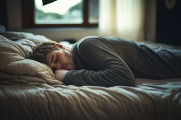 A young man is peacefully sleeping on his bed, showcasing tranquility and relaxation after a long day.