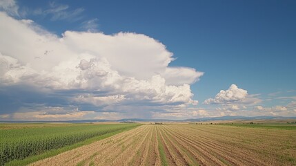 Obraz premium Majestic Farmland Landscape with Neatly Arranged Crops and Dramatic Clouds - Ultra-Detailed Cinematic Scene
